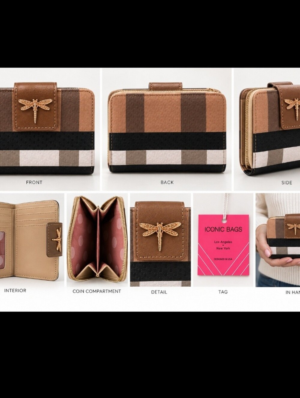Brown Plaid Compact Wallet with Dragonfly Accent